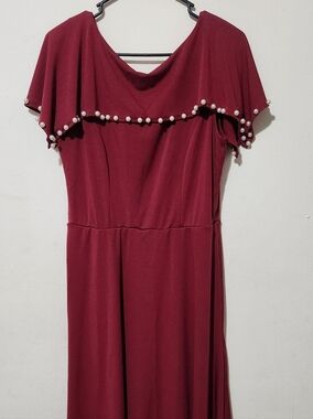 Elegant Long Maroon Pearl-Trim Maxi Dress - Women